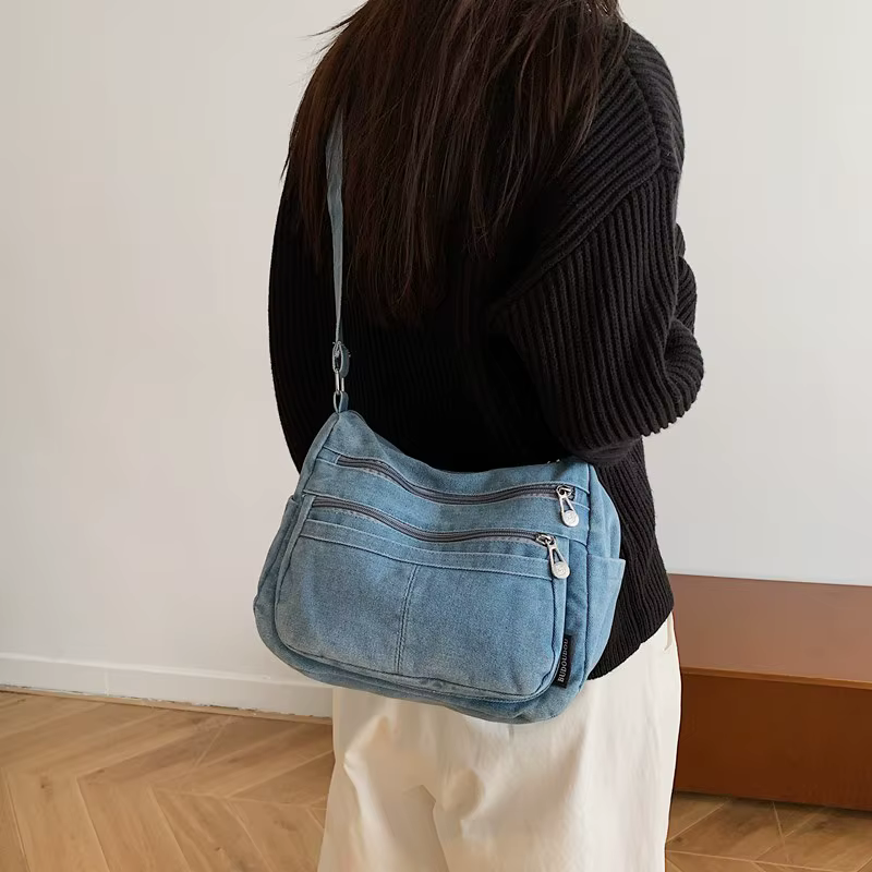 Denim couleur unie fermeture éclair fourre-tout décontracté 2025 hiver nouveaux sacs polyvalents haute capacité