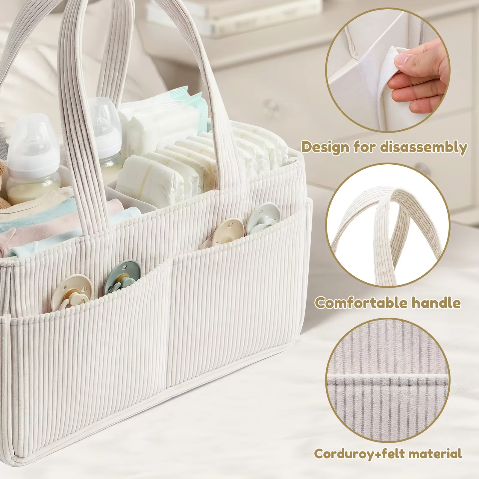 Organisateur de couches pour bébé en velours côtelé, panier de rangement pour couches avec poignée, pliable, multi-poches, organisateur de couches pour nouveau-né