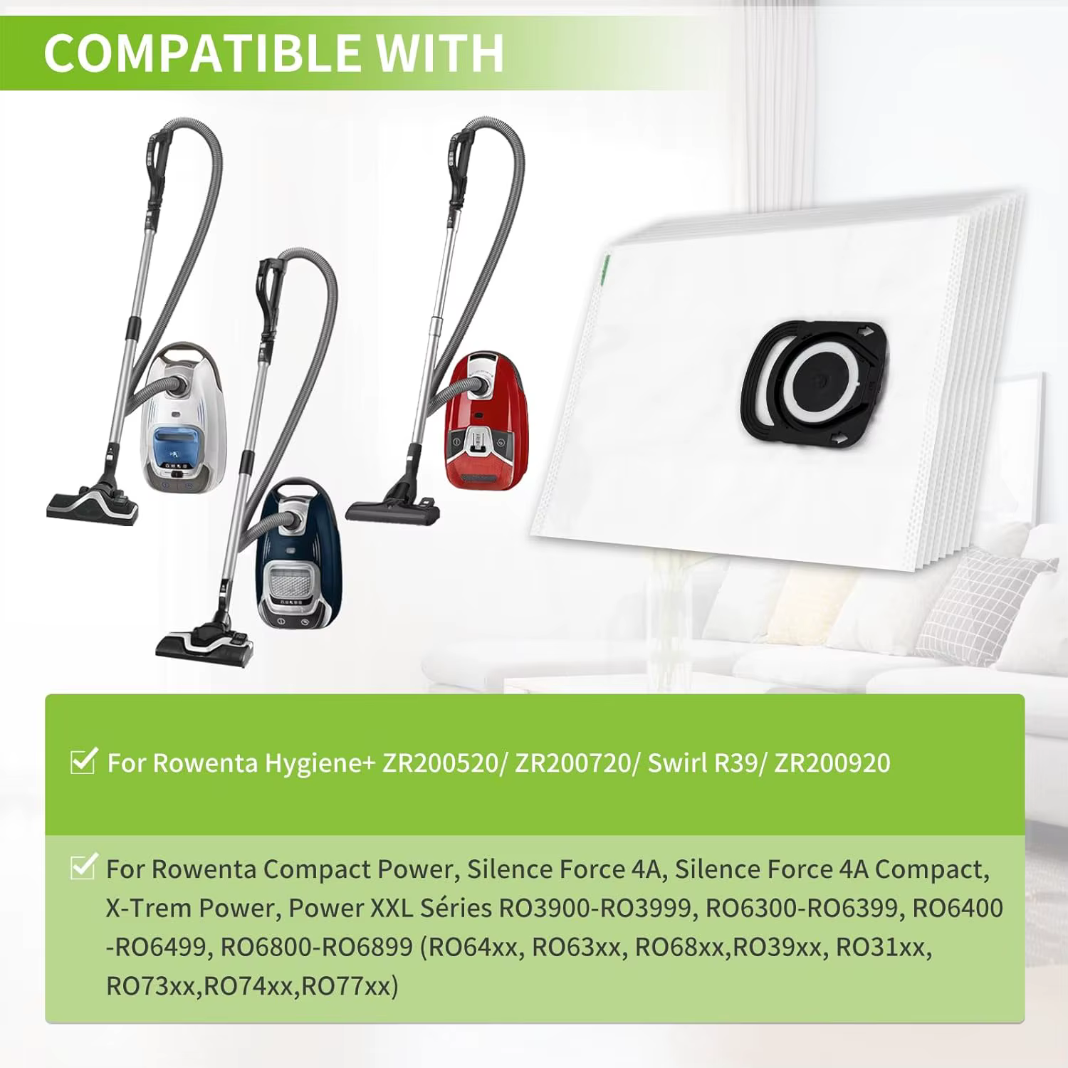 Sacs Hygiène+ ZR200520 ZR200720 ZR200920 Compatibles avec Rowenta Tefal Moulinex Silence Force,Green Force,Power XXL,X-Term Power,Compact Power Aspirateurs RO3969EA,RO3143EA,RO7473EA