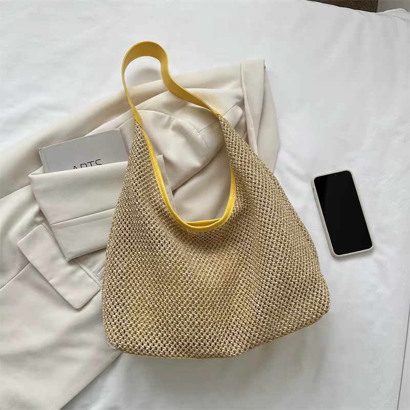 Sac de plage en paille tissé, décontracté, populaire, à la mode, asymétrique, épaule dénudée, bord de mer, voyage, livraison directe, été, 2024