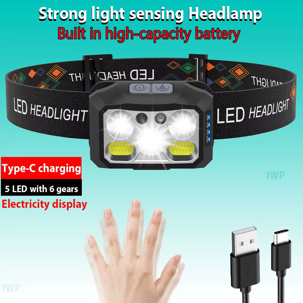 Lampe frontale lampe de poche LED la plus puissante phare rechargeable avec 8 modes capteur de mouvement lampe frontale étanche lanterne pour l'extérieur