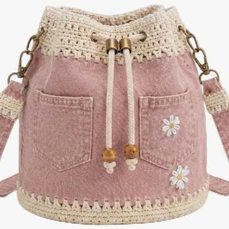 Sac seau en jean au crochet, tissé à la main, avec cordon de serrage, sac à main sous le bras, grand sac, style vintage, broderie florale, sac à bandoulière, Nouveauté 2026