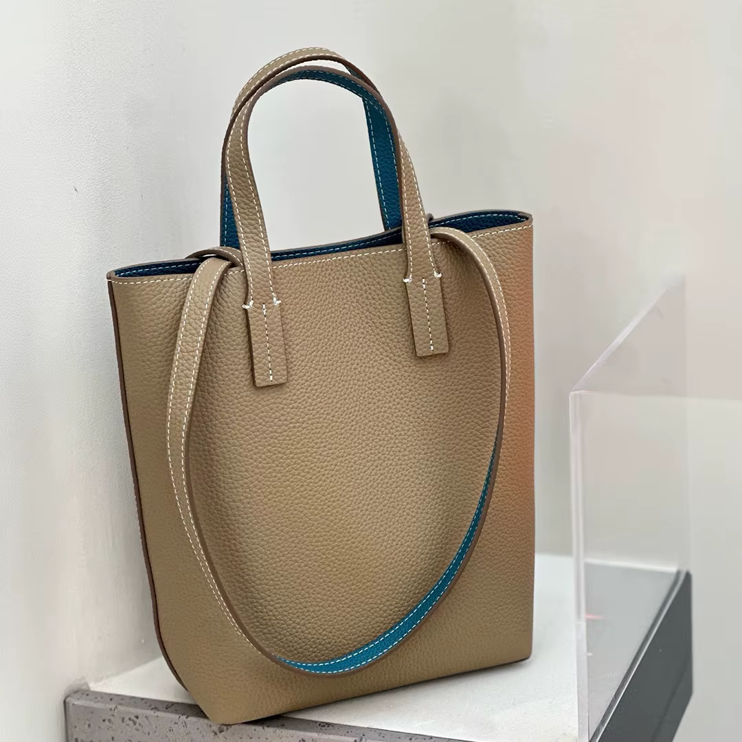 Sac Cuir Véritable Texture Lychee Main Tote Femme Peau Vache Couche Supérieure Doublure Contraste Couture Blanche Usage Quotidien Décontracté Élégant Moderne Minimaliste Mode Tendance 2025 Nouvelle Me