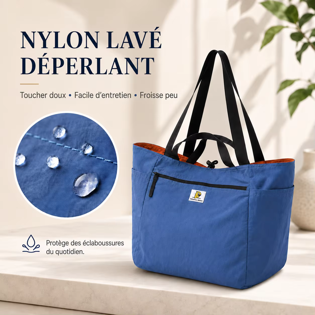Sac Cabas Femme Réversible en Nylon Lavé Léger Déperlant Grande Capacité Multi-Poches Sac à Épaule de Voyage