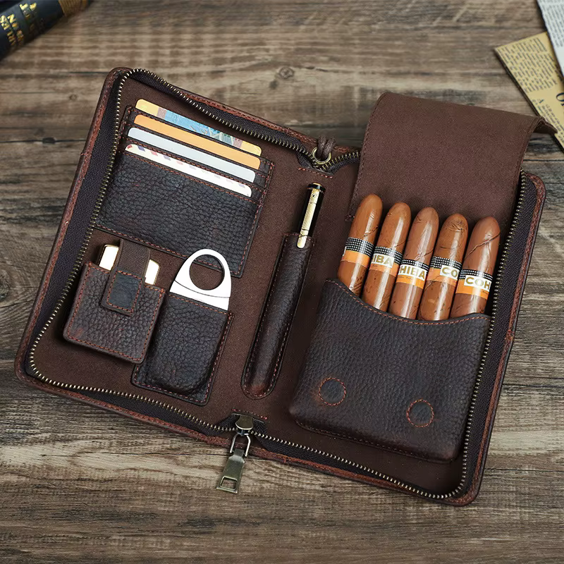 Sac à cigares Portable en cuir véritable, étui de rangement de cigares de voyage multifonction