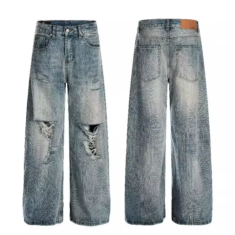 2025 automne haute rue déchiré Jean pour hommes Y2K Vintage droit Baggy Denim pantalons Hombre Hip Hop mode en détresse Jean
