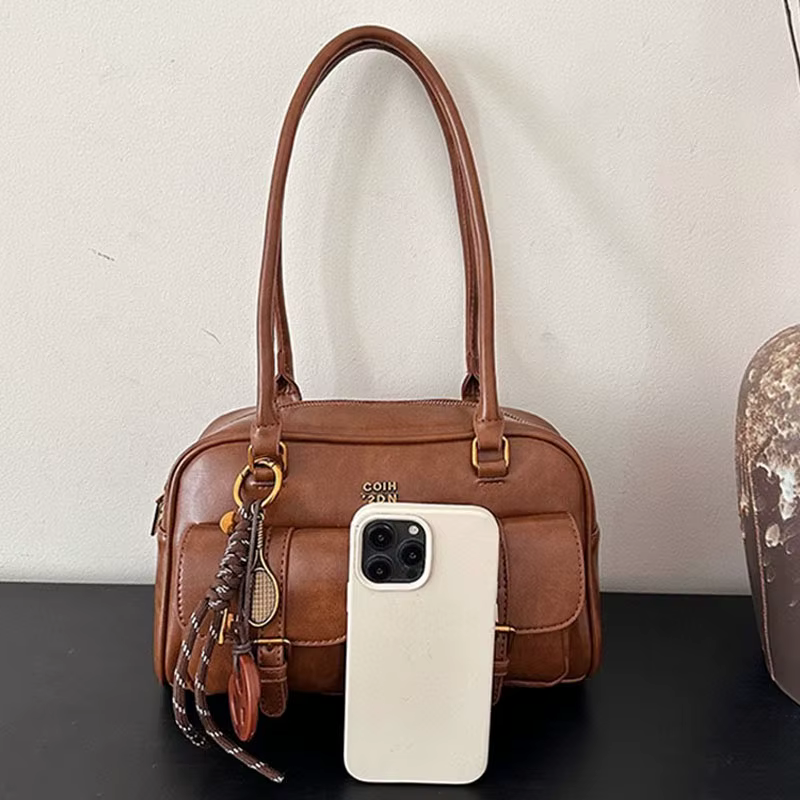 Sac à bandoulière rétro en cuir de couleur unie pour femmes, 1 pièce, sac à main avec plusieurs poches, grande capacité, livré avec un accessoire détachable