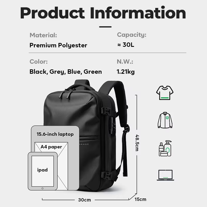 BANGE Hot nouveau sac de cabine antivol séparation humide et sèche sac à dos de voyage pour hommes femmes bagages à main 15.6 pouces sacs à dos d'ordinateur portable
