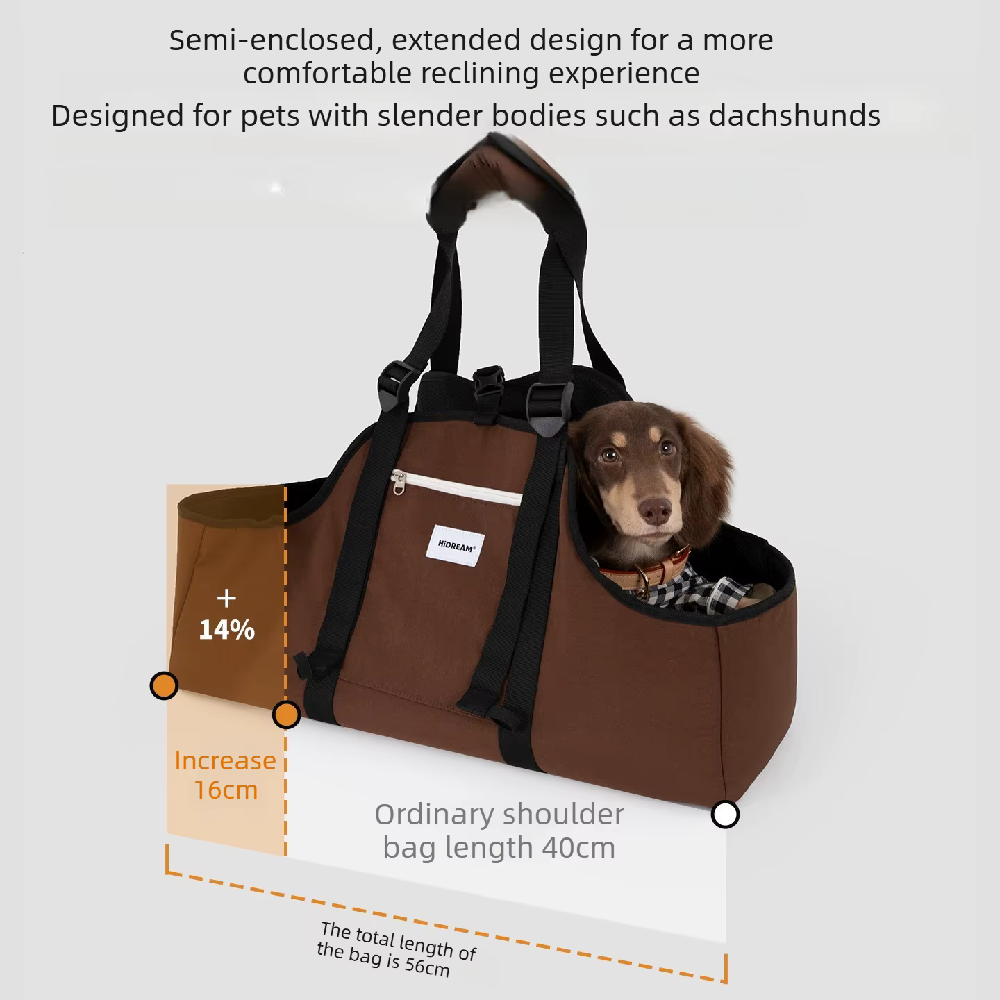 Sac à bandoulière pour animaux de compagnie pour chiens à corps long (Dachshund), longueur étendue de 56 cm, coussin de soutien ergonomique, entrée basse en forme de U, transport 3 directions