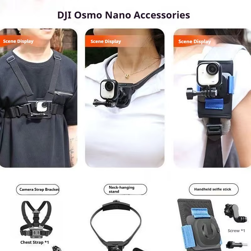 Kit d'accessoires pour DJI Osmo Nano : support de cou, perche à selfie, fixation poitrine/tête, accessoires de cyclisme, trépied pour caméra
