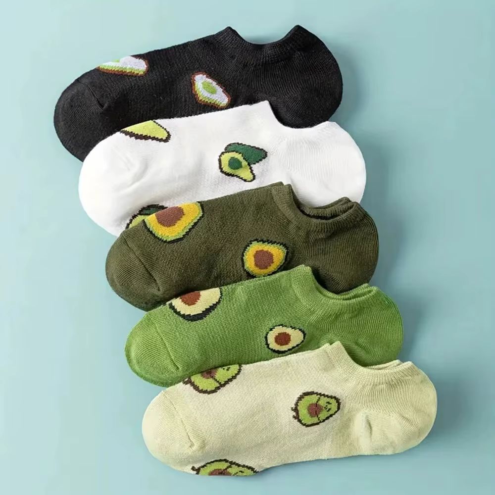 5 paires de chaussettes d'équipage d'avocat, dessin animé, mode fraîche, respirantes, confort Kawaii, chaussettes bateau coupe basse pour femmes, été et automne