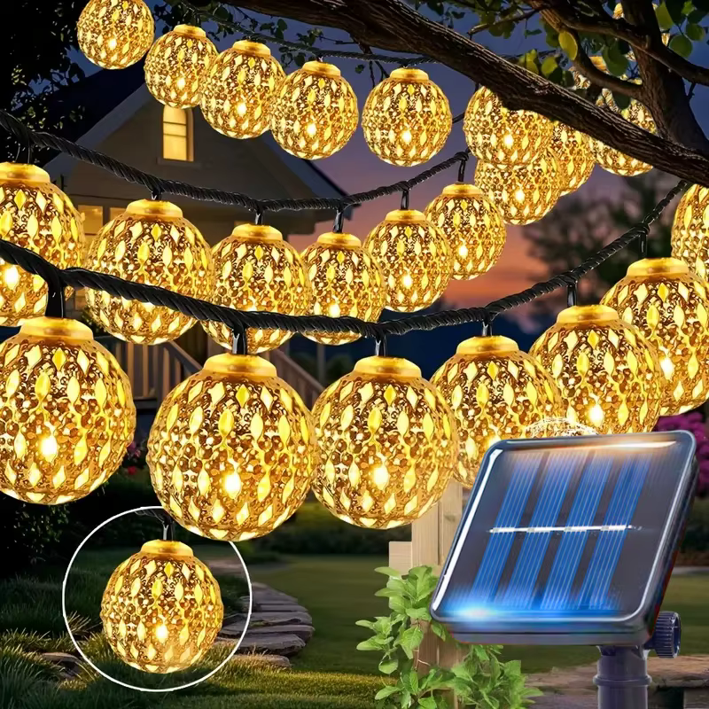 Lampe boule marocaine en fer forgé avec bande LED et guirlande solaire