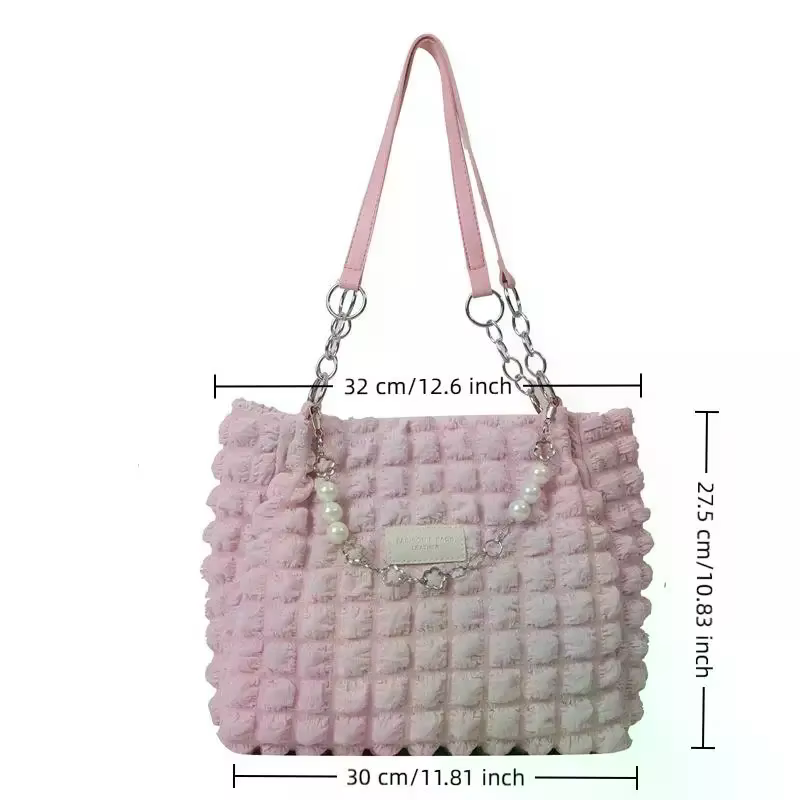 Sac fourre-tout texturé à bulles avec chaîne de perles, tendance, doux, grande capacité, pour femmes, shopping, rendez-vous, bureau, trajets domicile-travail