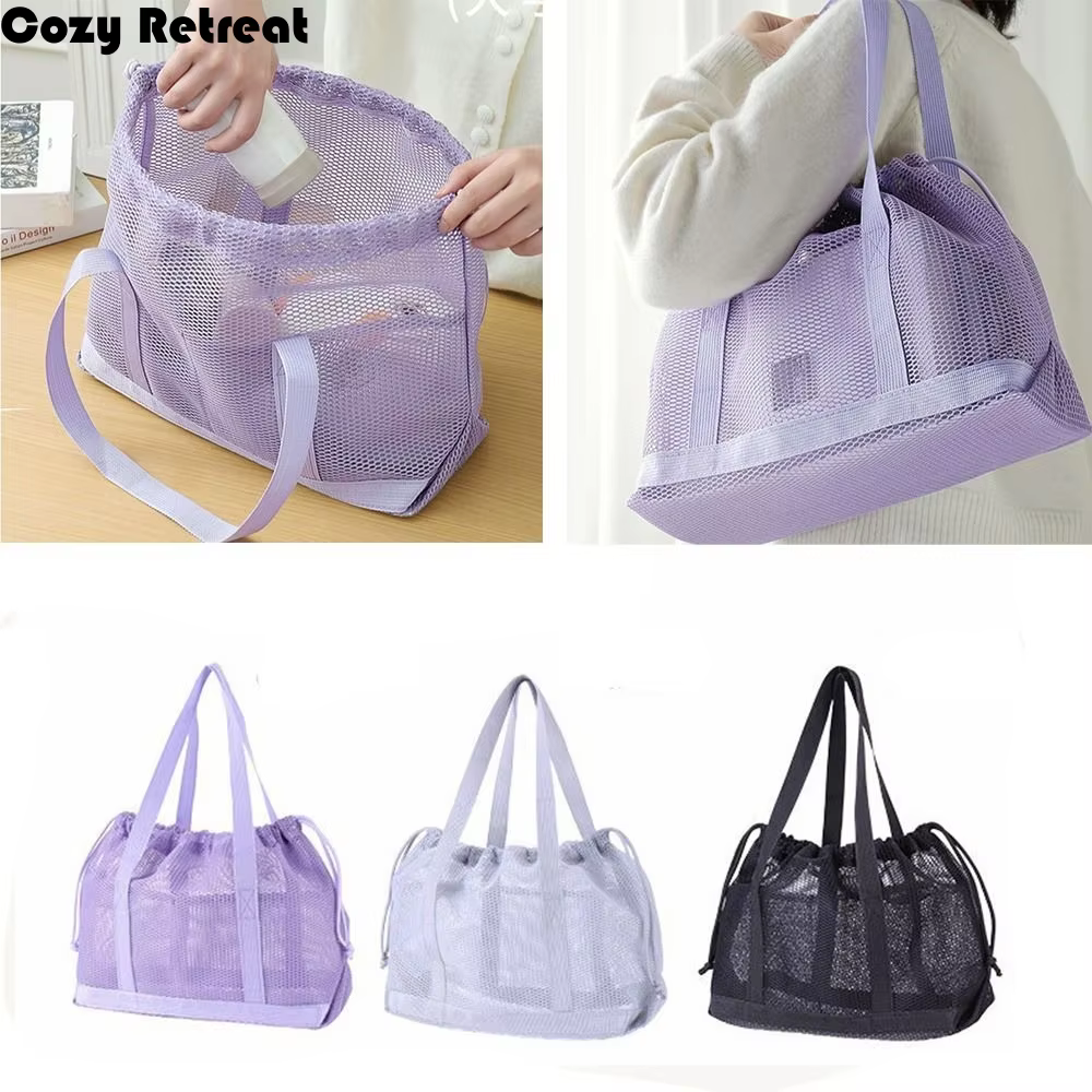 Sac de plage pliable en maille avec cordon de serrage, grande capacité, sac à main lavable et respirant, organisateur d'articles de toilette pour la plage