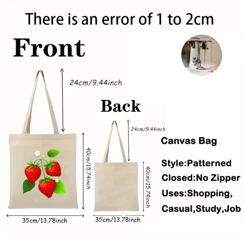 Sac fourre-tout en toile à motif fraise crème avec feuilles vertes et fleurs blanches