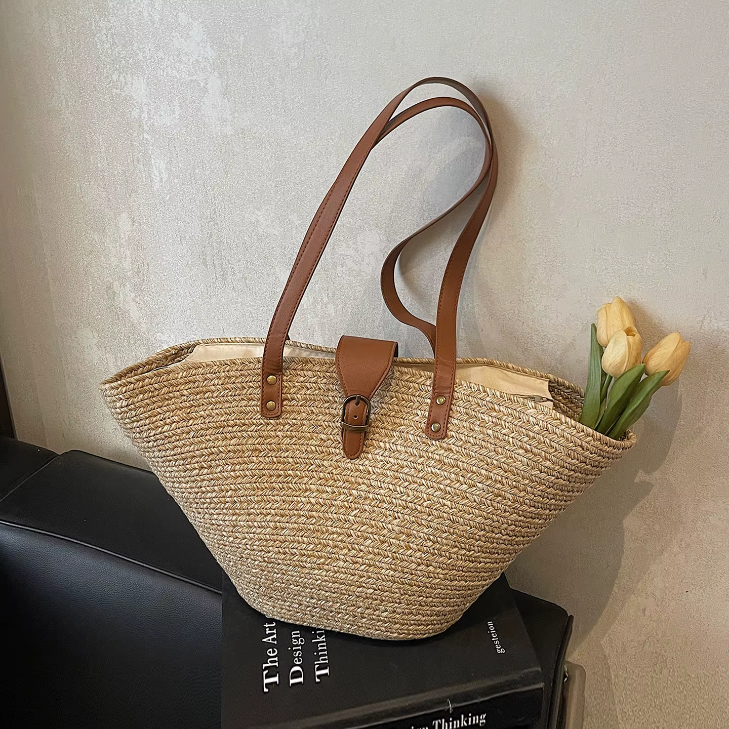 Sac à bandoulière en paille tressée grande capacité pour femme, style panier, fait main, nouvelle collection printemps-été 2026, idéal pour les vacances à la plage
