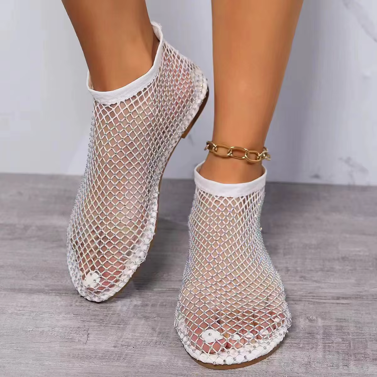 Sandales Astronomiques Plates et Rondes pour Femme, Bottes Courtes Ajourées, Diamant d'Eau, Sexy, Marque de Luxe, Nouvelle Collection Été 2024