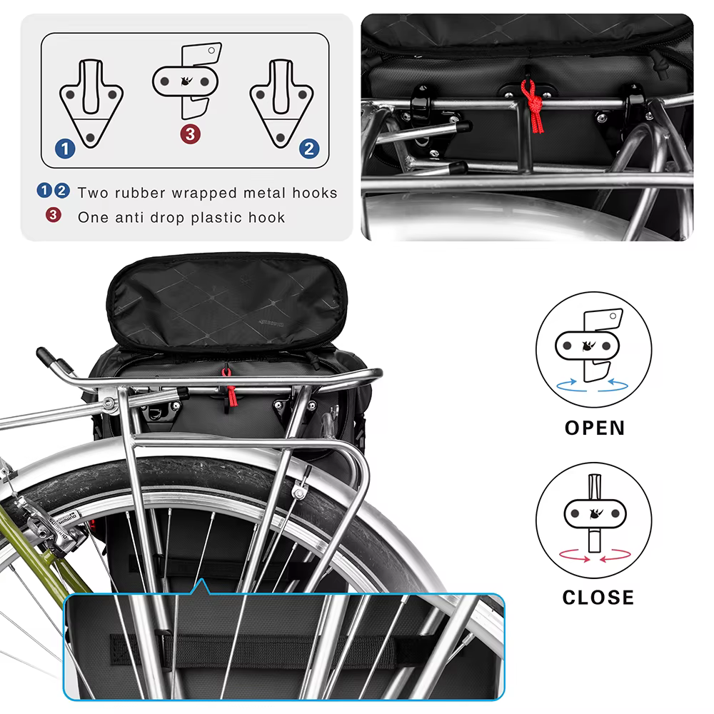 Sacoche de vélo Rhinowalk 20L, imperméable, pour porte-bagages arrière, noire, sac de voyage pour cyclisme, sac à bandoulière, sac à dos, sac de rangement latéral pour vélo