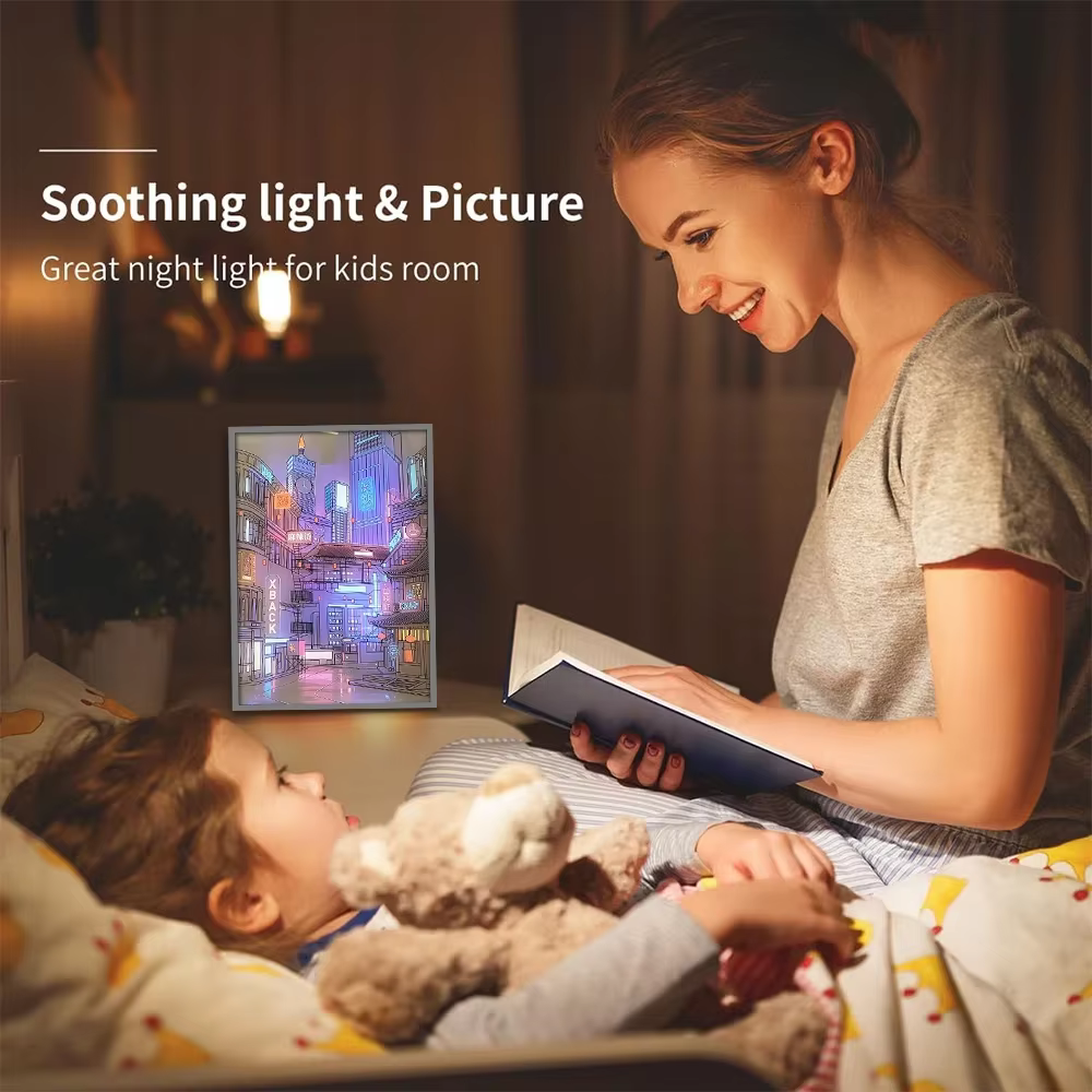Lampe LED Anime Paysage Urbain Nocturne, Peinture Lumineuse HD à Cadre Fin, Prise USB, Intensité Réglable, Décoration Romantique pour la Maison