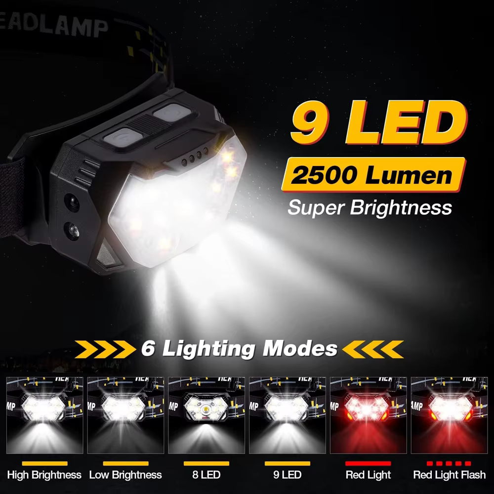 9 Led lampe frontale forte USB rechargeable capteur de mouvement phare Portable pêche Camping