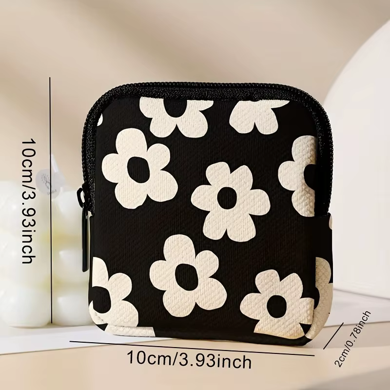 Porte-monnaie imprimé noir, sac de rangement en faux cuir à fermeture éclair, mini support pour casque