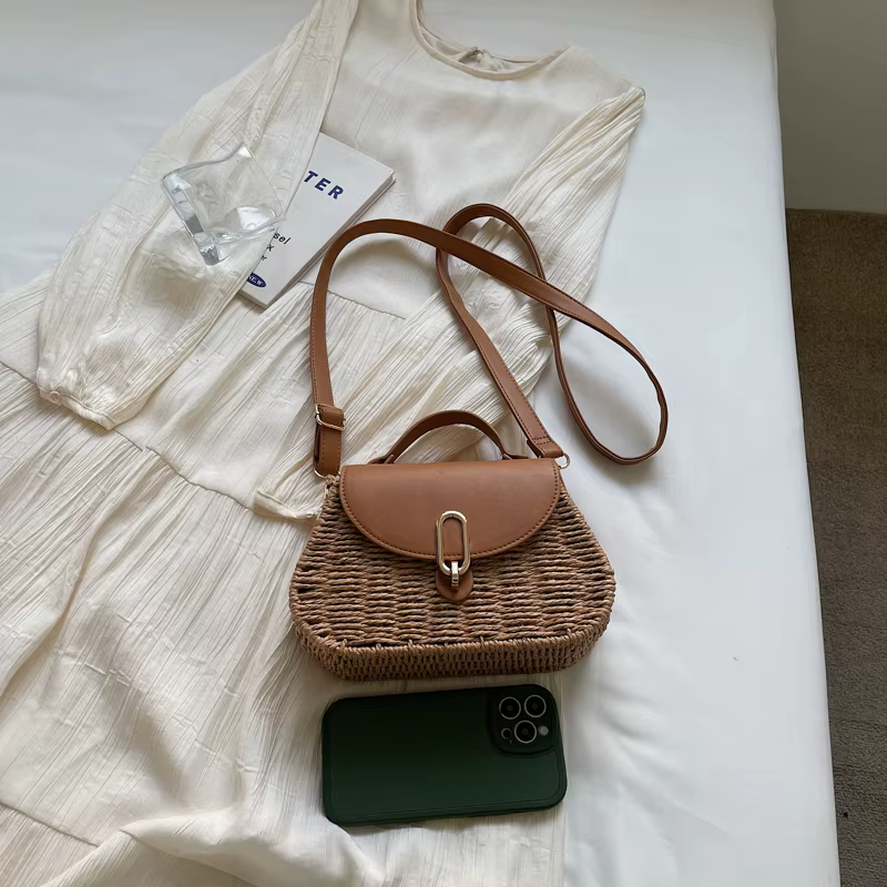 Sac de plage en paille et cuir PU