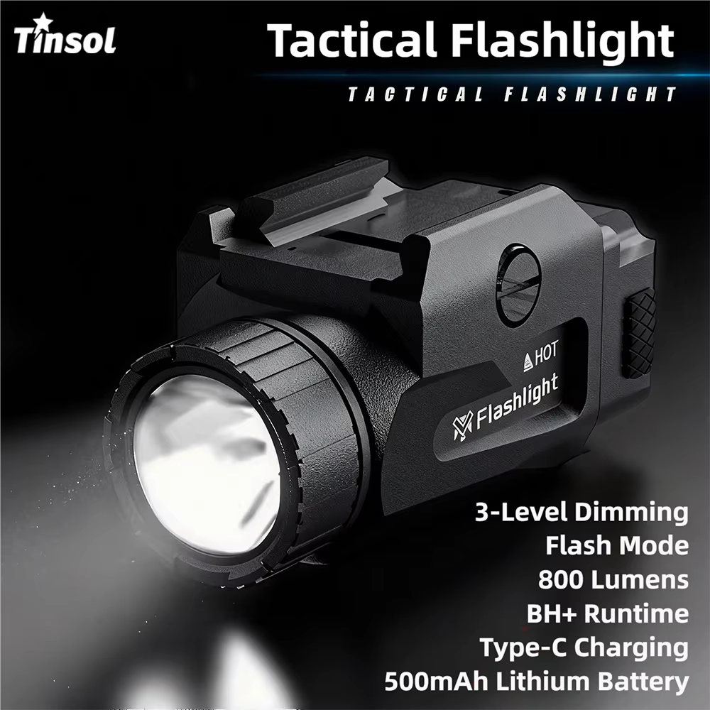 TINSOL 800LM Lampe tactique puissante 4 modes Rechargeable par USB Démontage rapide Pistolet de poing Tir en plein air Montage sur rail Picatinny