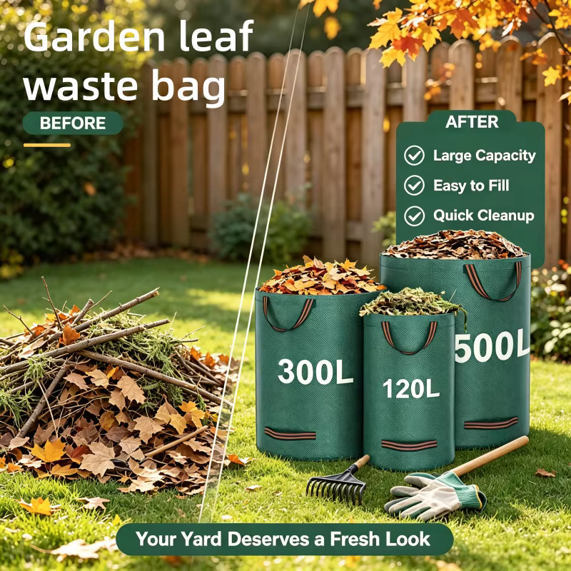 Sac de Jardin Tissé pour Déchets, Sac à Feuilles Imperméable Pliable, Sacs de Jardin Renforcés avec Poignées 120L 300L 500L pour Pelouse, Herbe, Feuilles et Débris