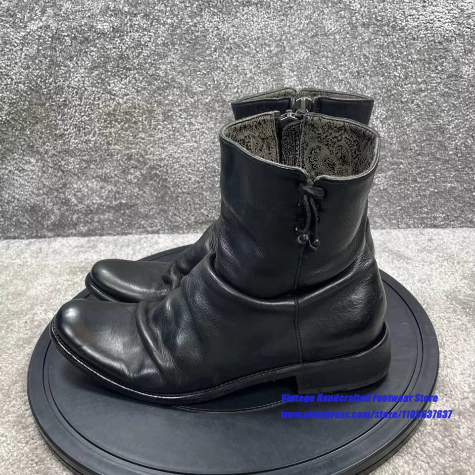 Bottines à fermeture éclair en cuir souple noir froissé pour hommes, bottes courtes à talon bas en cuir vintage, chaussures pour hommes fabriquées à la main par des designers