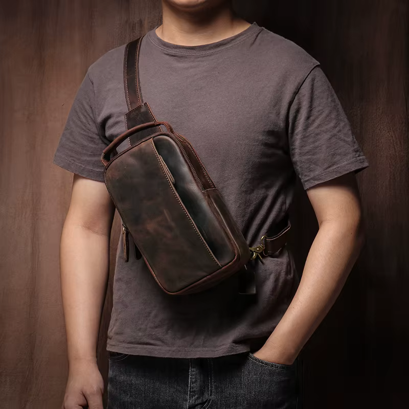 Sac de poitrine en cuir véritable pour homme