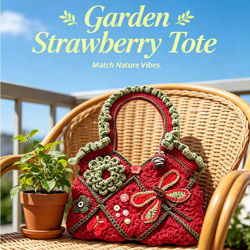 Kit de crochet pour sac à main en fil de laine à motif floral libellule rouge et vert rétro, fait main, DIY, avec tutoriel vidéo