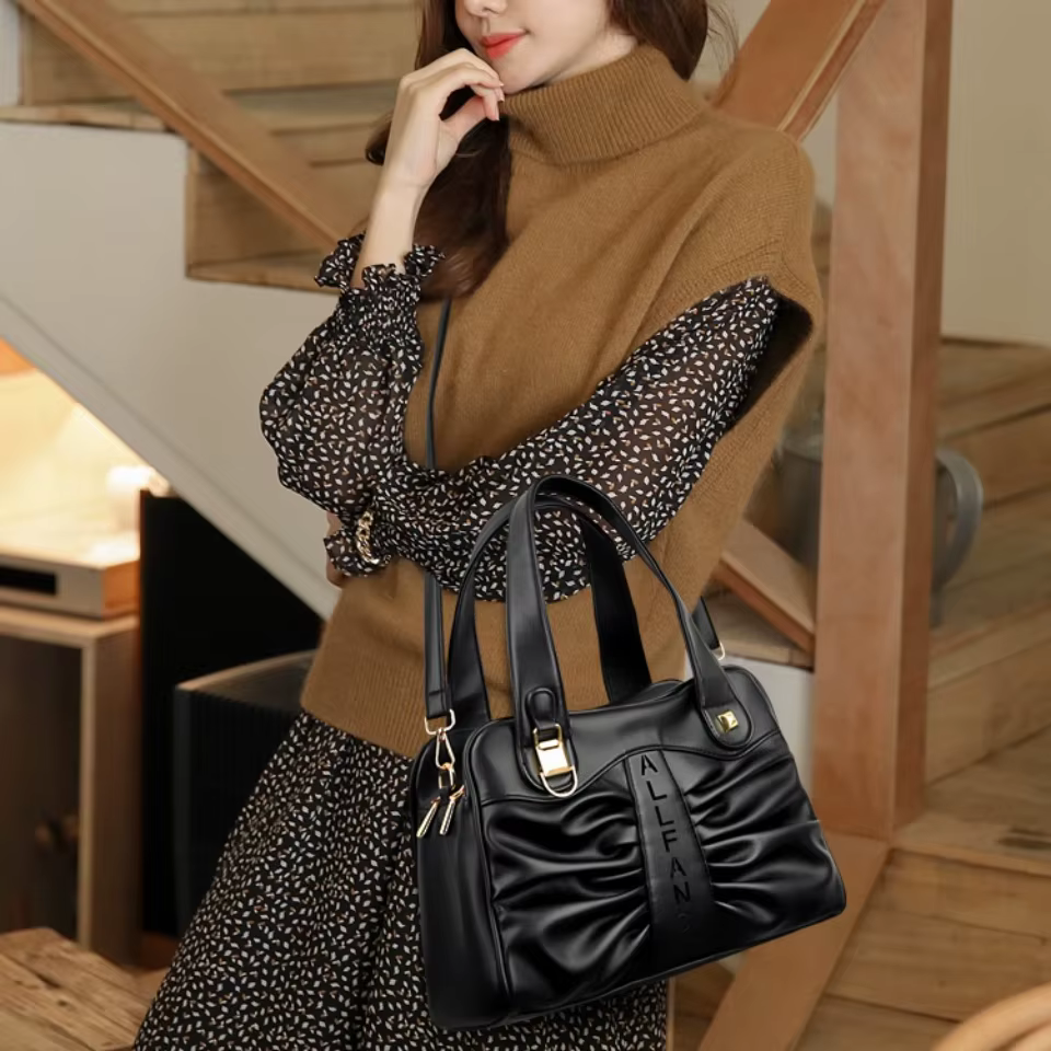 Sac à main en cuir végétalien de qualité supérieure, robuste et résistant à l'usure, avec design plissé, poignée supérieure, sac à bandoulière pour les trajets quotidiens