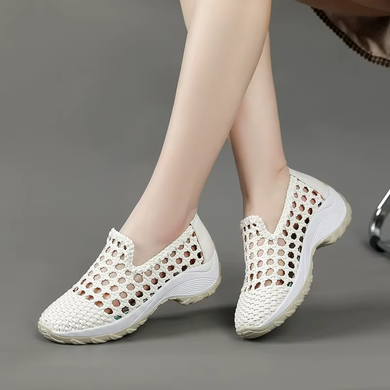 GKTINOO 2026 Sandales d'été respirantes tissées ajourées pour femmes, à semelles compensées épaisses, en cuir véritable, sandales compensées à plateforme