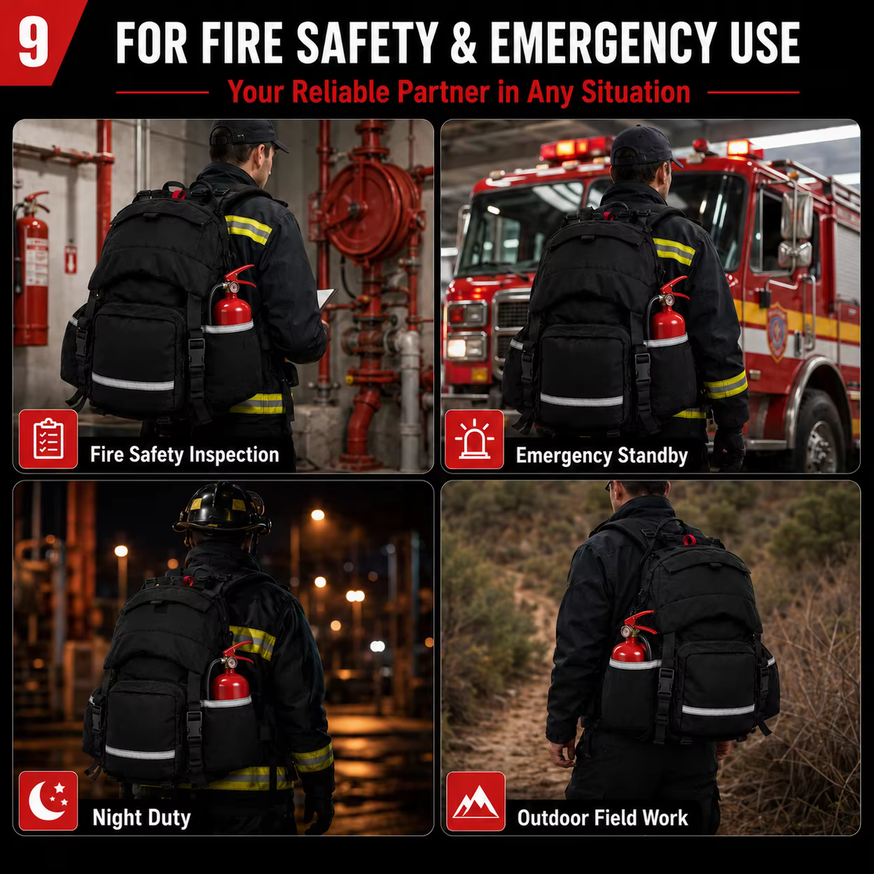 Sac à dos de rangement pour équipement de lutte contre les incendies, noir, extensible, sac de secours d'urgence avec bandes réfléchissantes, organisateur multi-poches pour la lutte contre les incendi