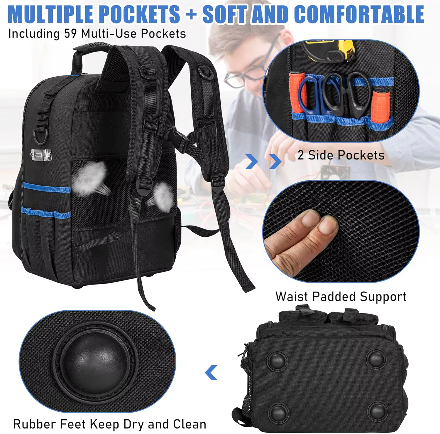 Sac à dos pour outils robuste avec épaulettes rembourrées et organiseur d'outils amovible