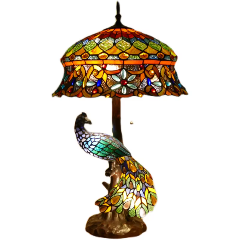 Tiffany américain rétro paon lampadaire Lotus salon étude verre coloré à la main abat-jour décor à la maison Table éclairage