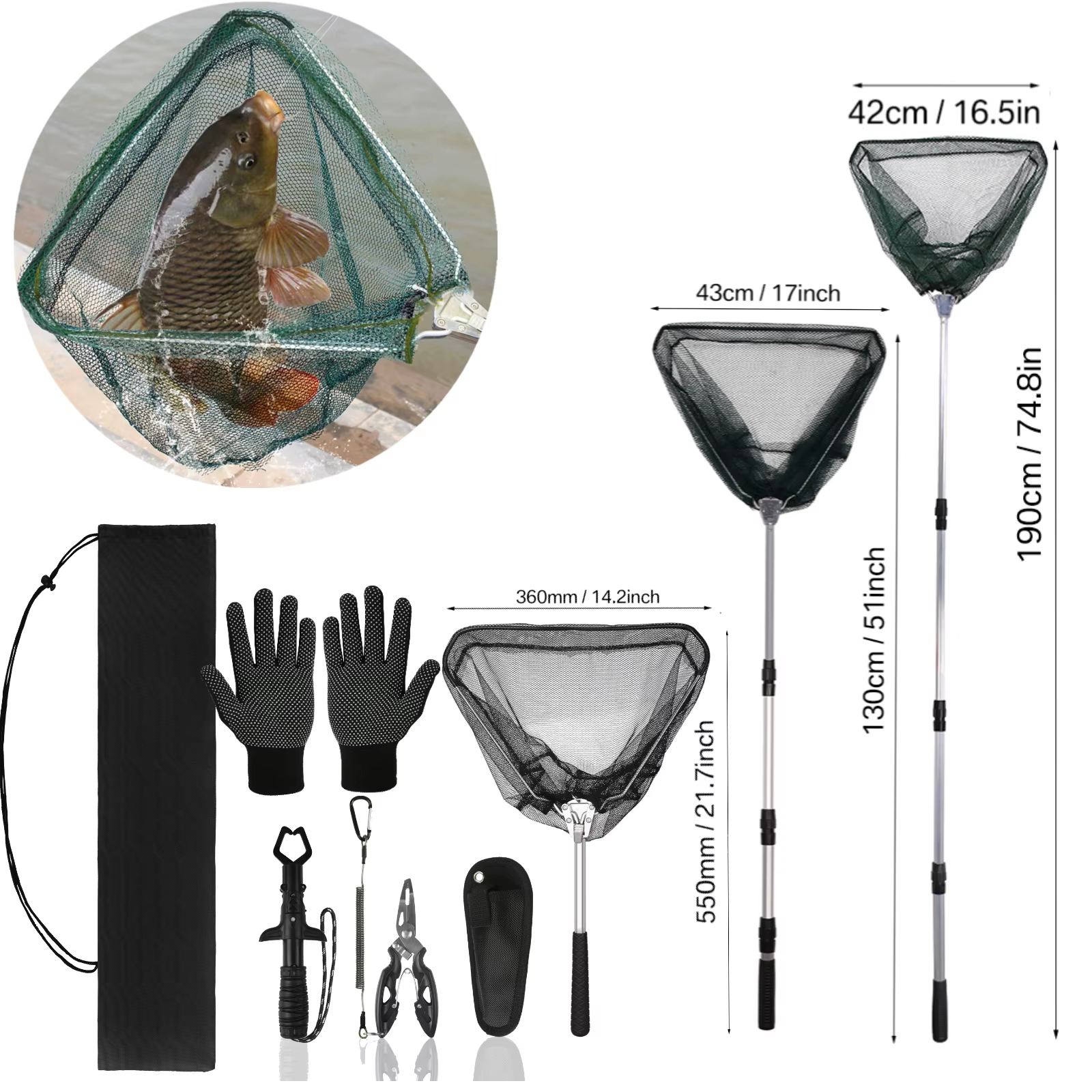 Filet de pêche pliant avec filet d'atterrissage en alliage d'aluminium, sac de rangement pour gants antidérapants, pince à poisson, pince à lèvres pour une capture et une libération faciles