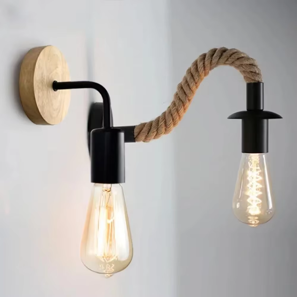 Rétro corde de chanvre conception E27 Edison ampoule fer applique intérieure maison Loft couloir mur LED lampe décoration industrielle applique murale