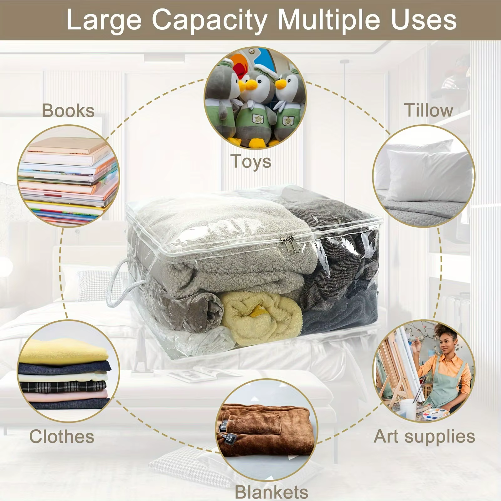 Sac de rangement transparent en PVC avec fermeture éclair, sac de rangement polyvalent, adapté aux couvertures, à la literie, aux couvertures et aux oreillers
