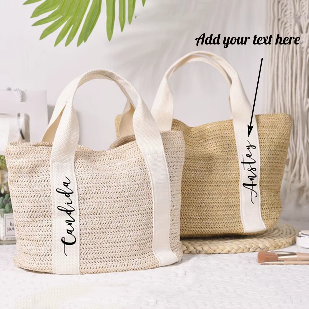 Sac fourre-tout tissé en paille avec texte personnalisé, cadeaux de demoiselle d'honneur personnalisés, cadeaux de fête d'enterrement de vie de jeune fille, sac de plage en toile de jute