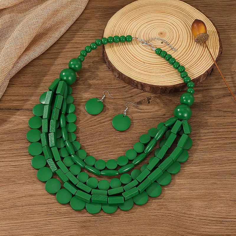 Ensemble de bijoux de style bohème africain, perles en bois géométriques, collier multi-rangs fait à la main pour femmes, accessoire de fête