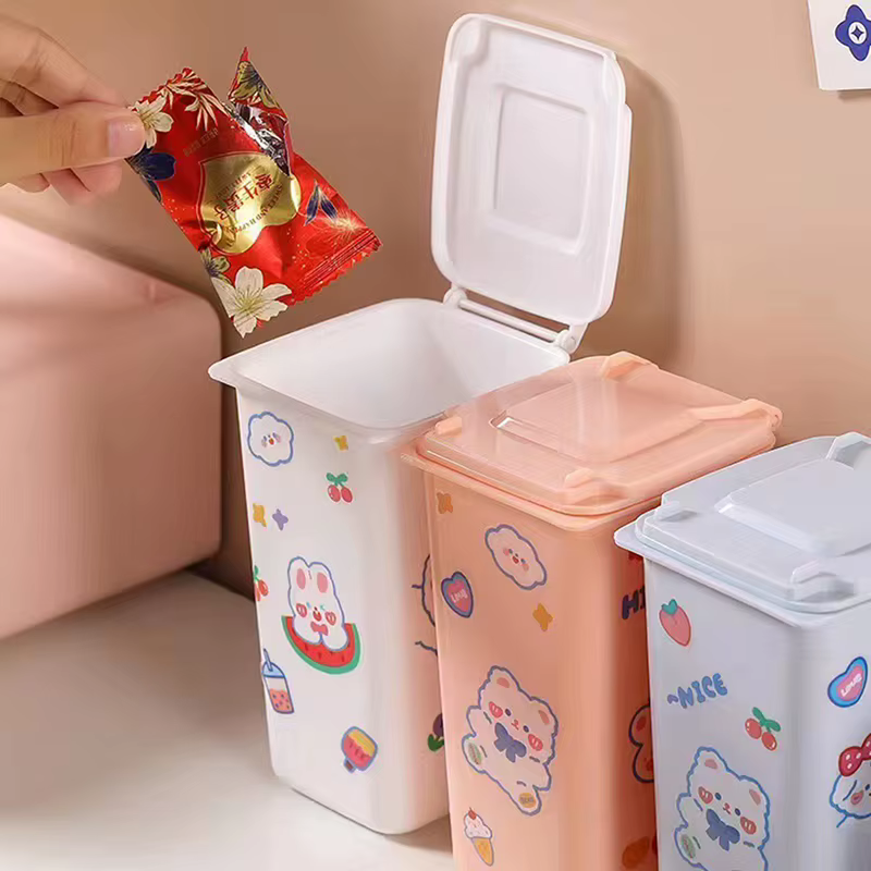 Mini poubelle de bureau 4 couleurs, boîte de rangement des déchets, Table basse de salon avec couvercle, petit panier en papier, sac poubelle en plastique