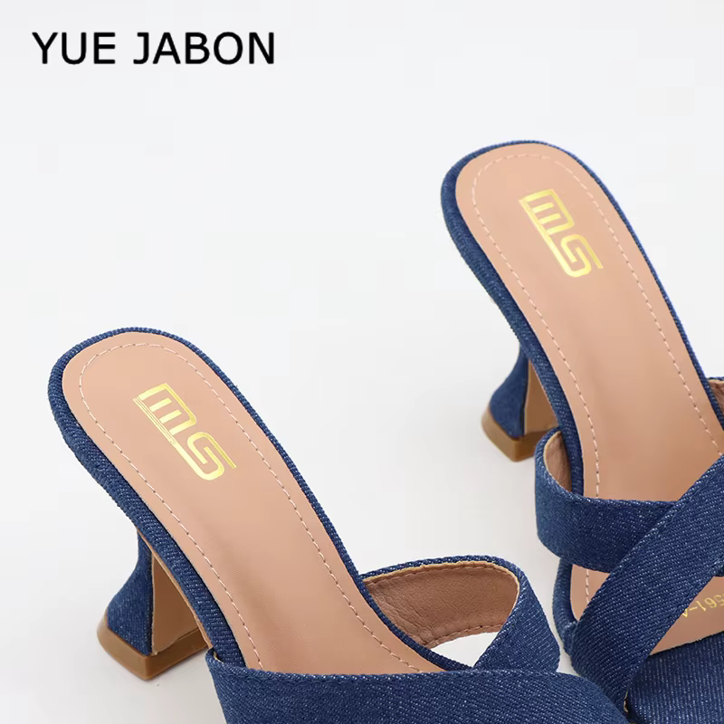 Chaussures décontractées pour femmes bleues, tendance été 2026, mules en jean à bout carré, couleur unie, à talons épais, faciles à enfiler