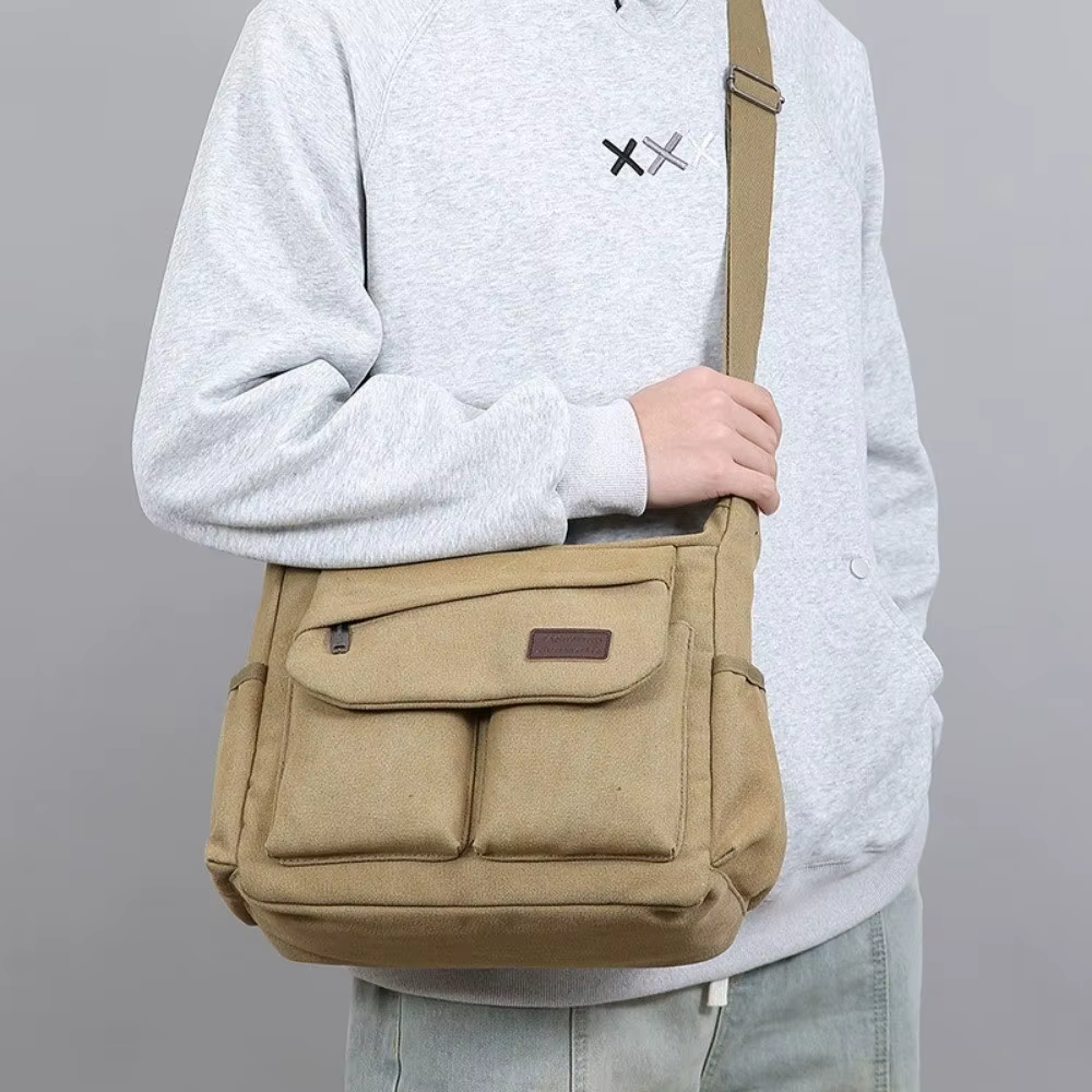 Sac à bandoulière en toile pour hommes, grande capacité, couleur unie, style coréen, sac messager polyvalent avec fermeture éclair, sac à bandoulière pour hommes