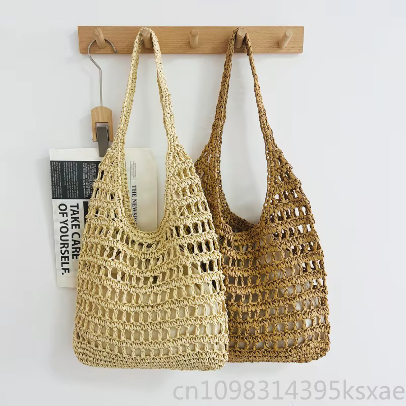 Sac à bandoulière de plage en paille pour femme, grande capacité, tissé à la main, ajouré, pour les vacances d'été, style minimaliste