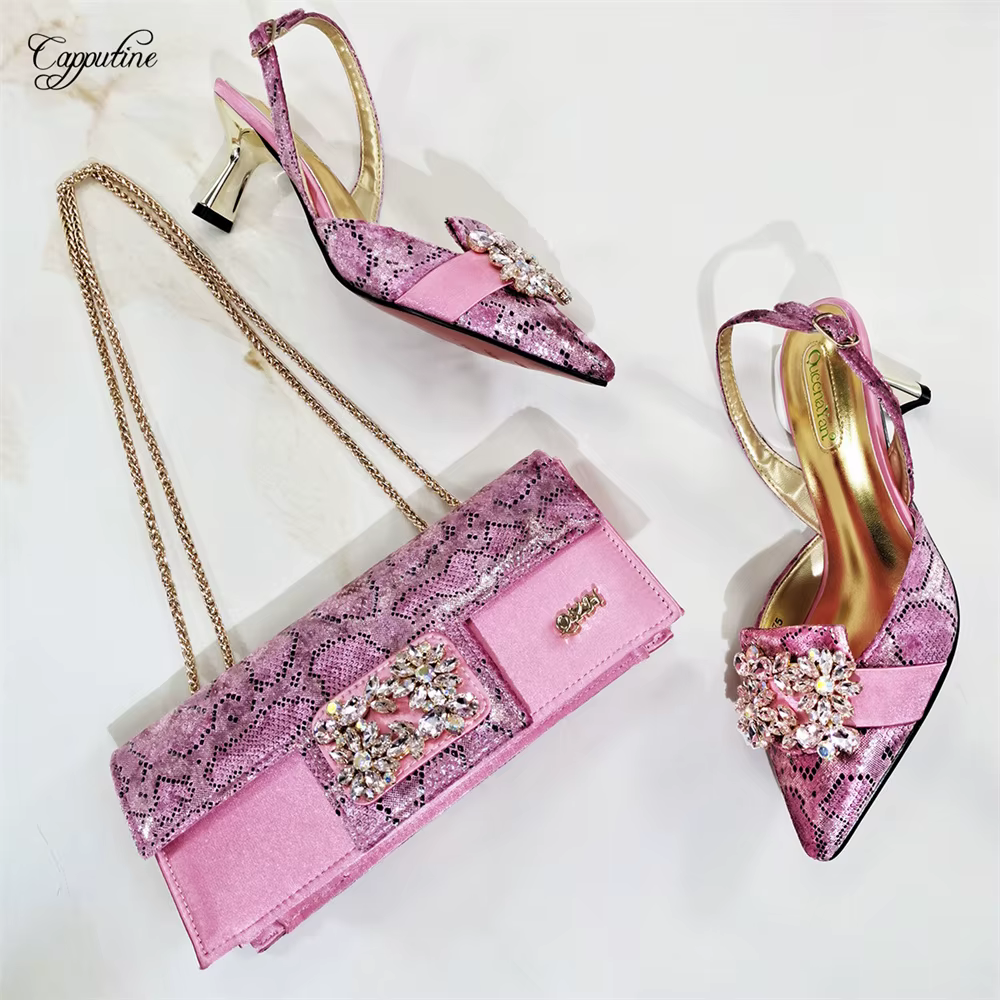 Rose femmes chaussures et Sac ensemble mode dame africaine pompes Match avec sac à main pochette talons hauts Sandales