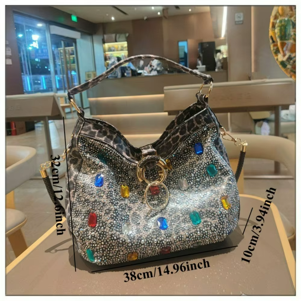 Sac à bandoulière hobo léopard scintillant avec pierres précieuses colorées