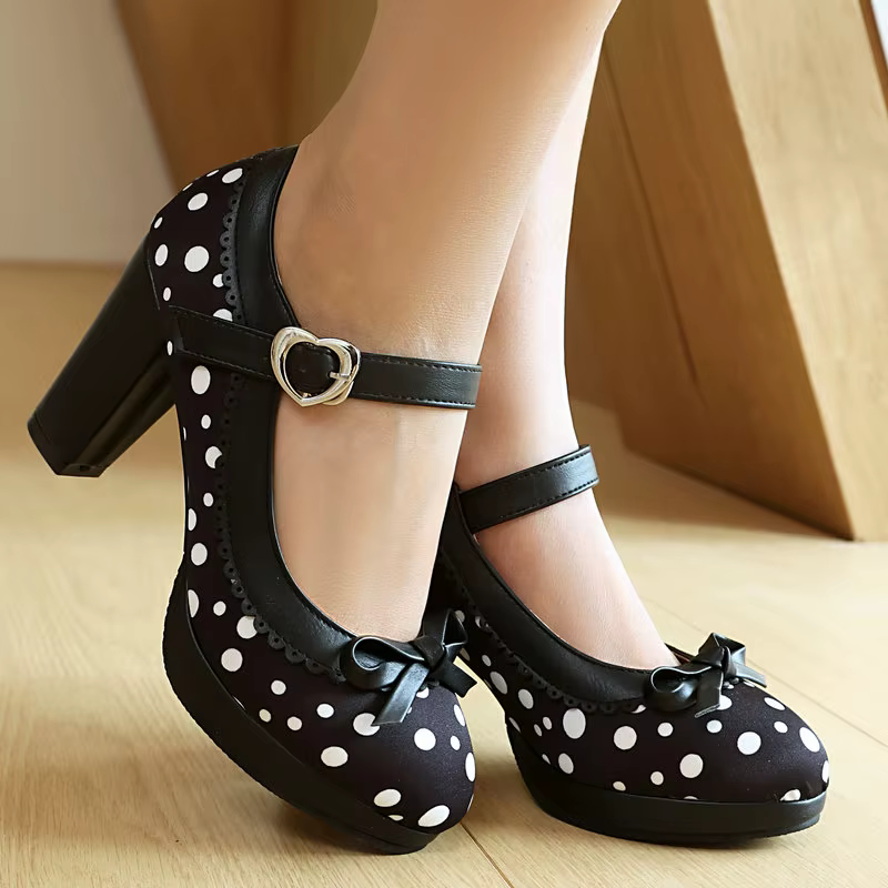 Grande taille 47 48 46 femmes chaussures à pois fleur imprimé bout fermé printemps automne pompes bloc talons hauts plate-forme Mary Janes pompes