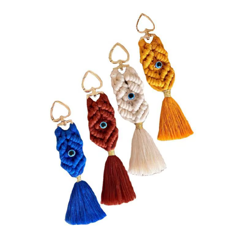 Porte-clés Macramé œil, style bohème, tissé à la main, avec pompon, breloque de sac, style ethnique vintage, pour clés de voiture, sac à main, accessoires