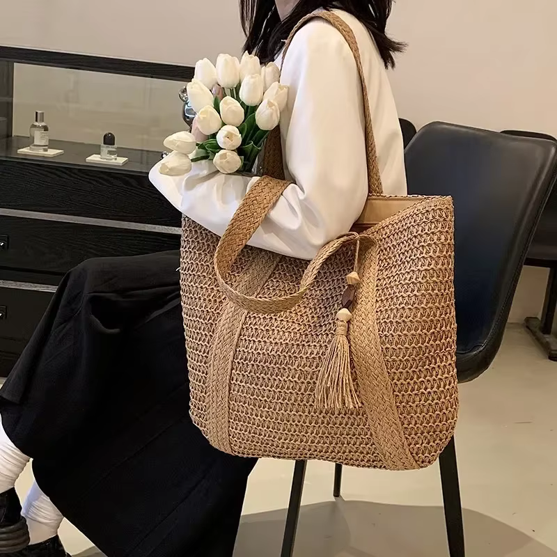 Elegant Ladies Straw Woven Handbag Women Holiday Beach Commute Casual Tote Top-Handle Bags Fashion Retro Shoulder